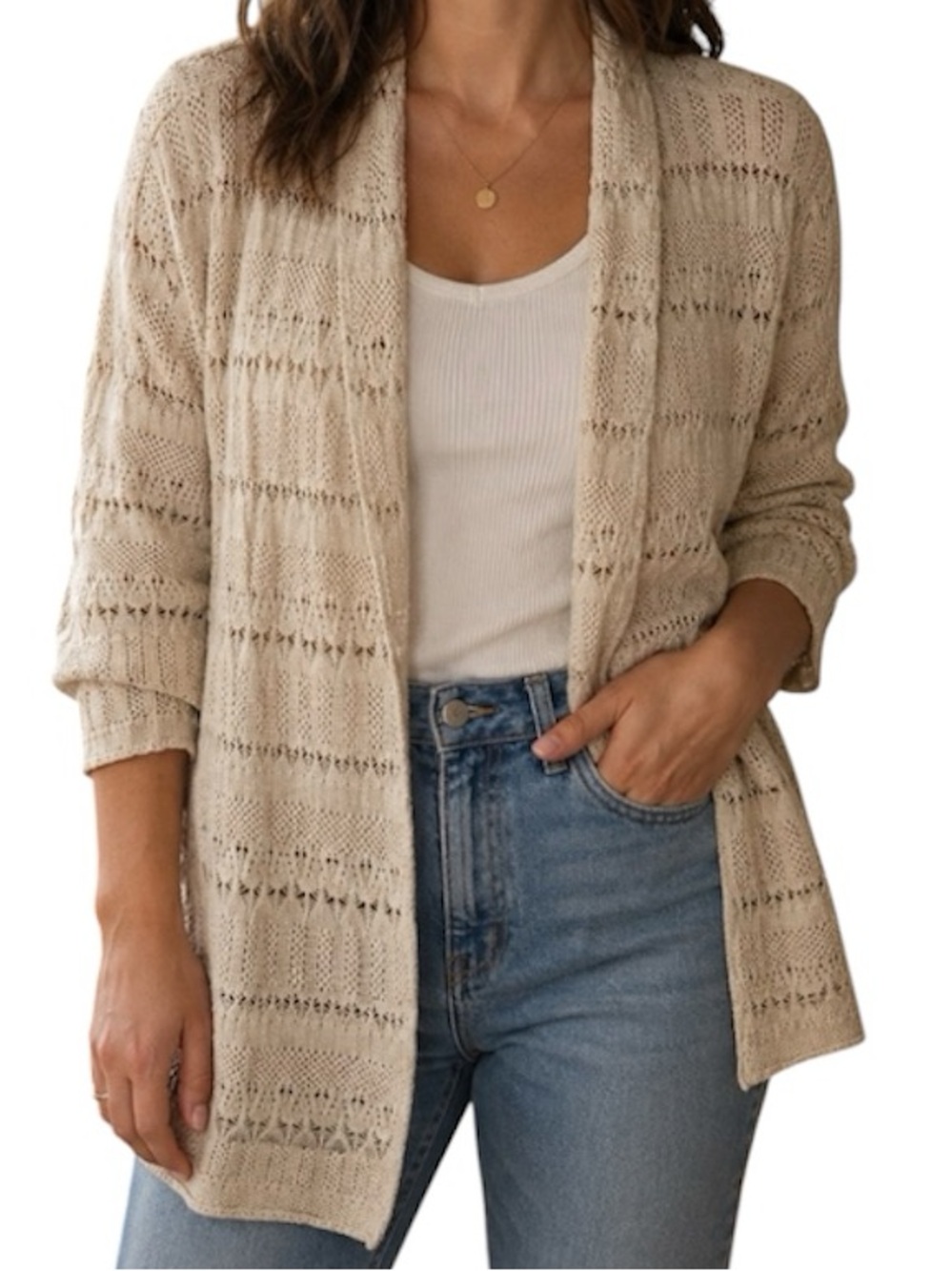Verve Tan Open-Front Pointelle Knit Cardigan Women's Pus Size 2X